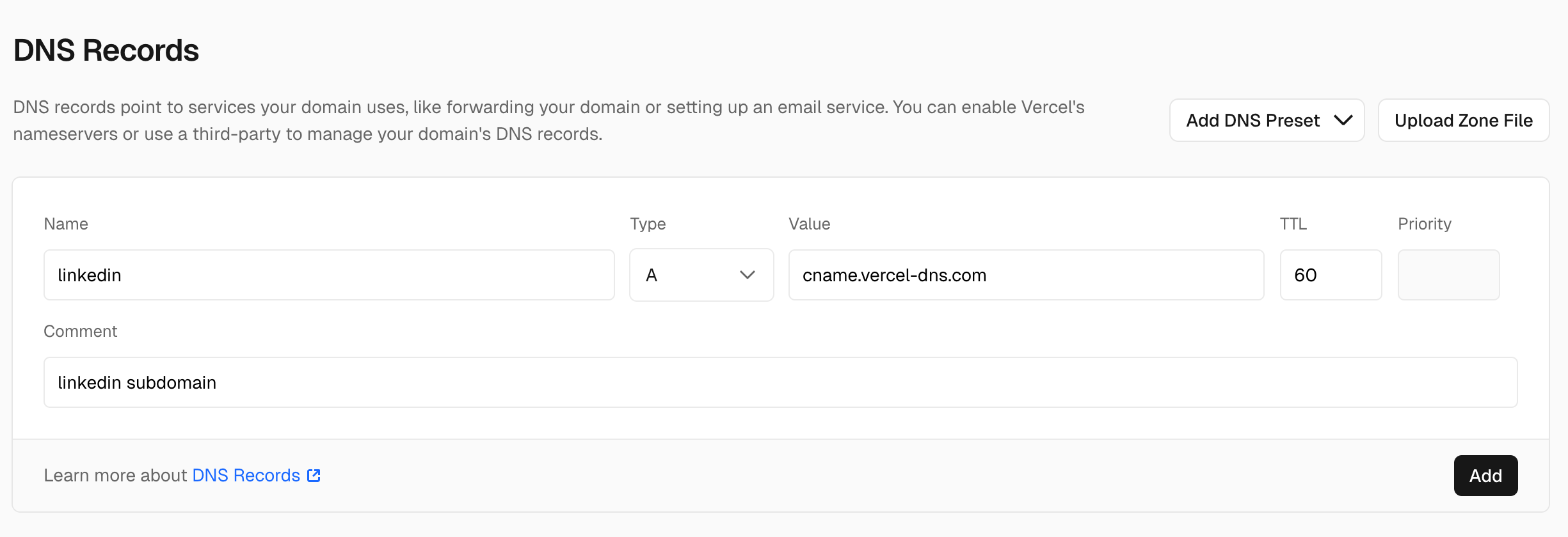 Vercel DNS Records